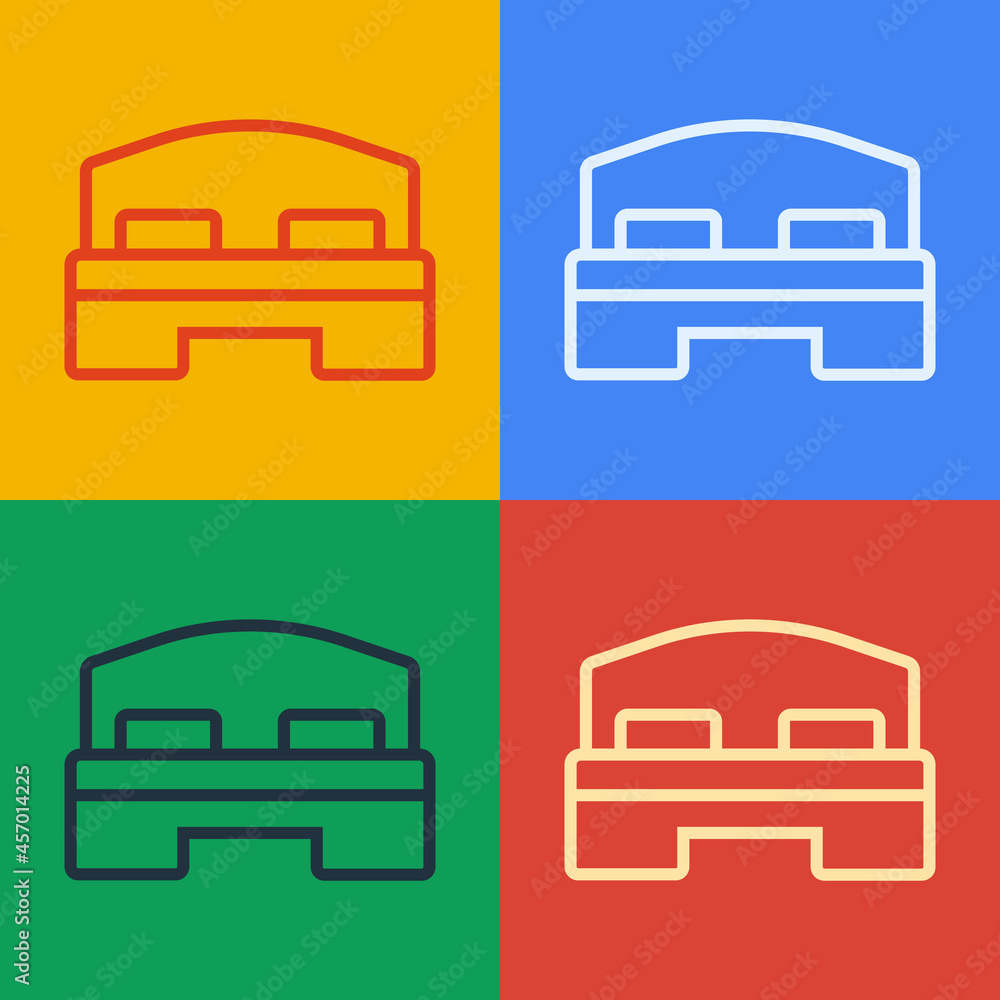 Pop art line Hotel room bed icon isolated on color background. Vector