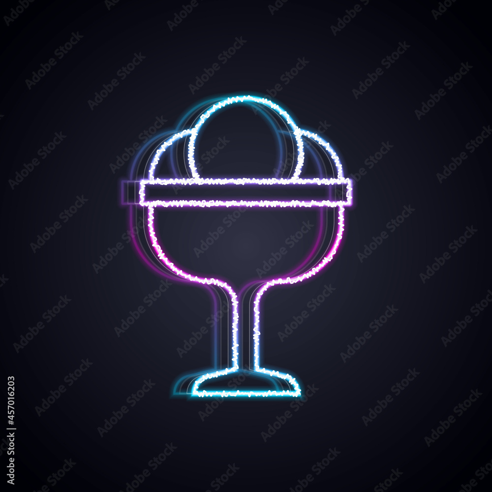 Glowing neon line Ice cream in the bowl icon isolated on black background. Sweet symbol. Vector