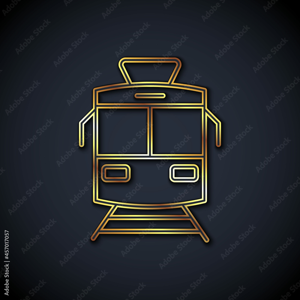 Gold line Tram and railway icon isolated on black background. Public transportation symbol. Vector