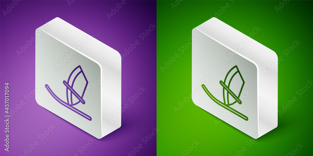 Isometric line Windsurfing icon isolated on purple and green background. Silver square button. Vecto