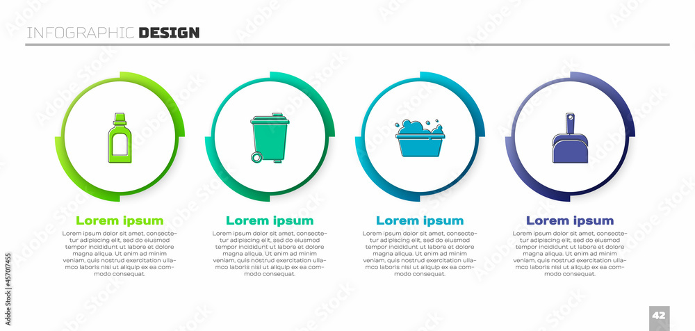 设置清洁剂瓶、垃圾桶、肥皂水盆和除尘器。商业信息图项目