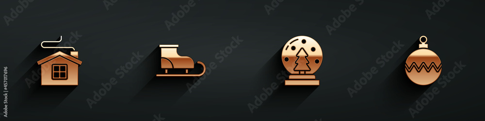 Set Merry Christmas house, Figure skates, snow globe and ball icon with long shadow. Vector