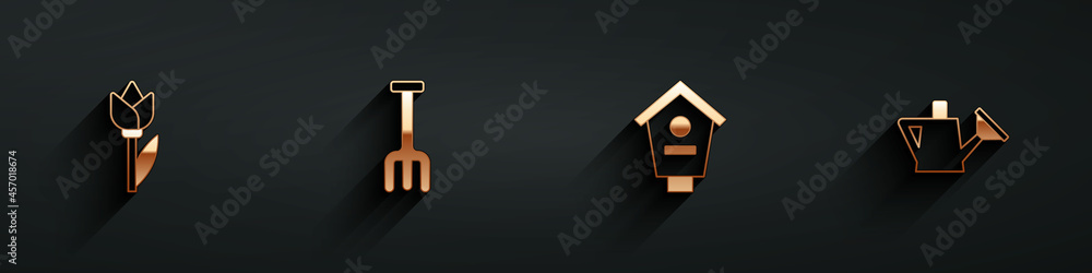 Set Flower郁金香，Garden rake，Bird house和Watering can icon with long shadow.Vvector