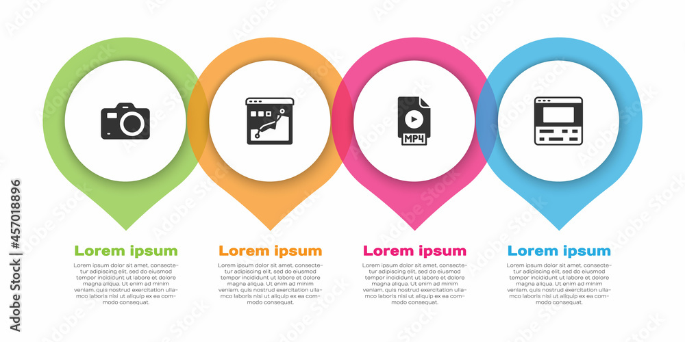 Set Photo camera, Histogram graph photography, MP4 file document and Video recorder on laptop. Busin