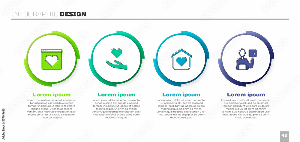 Set Dating app online, Heart hand, Shelter for homeless and Teacher. Business infographic template. 