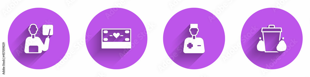 Set Teacher, Donation and charity, Male doctor and Trash can icon with long shadow. Vector