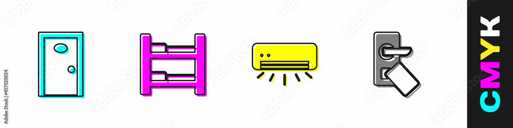 Set Hotel door, room bed, Air conditioner and Digital lock icon. Vector