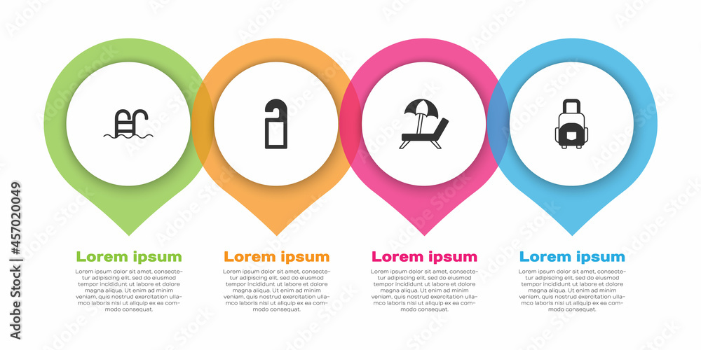 Set Swimming pool, Please do not disturb, Sunbed with umbrella and Suitcase. Business infographic te
