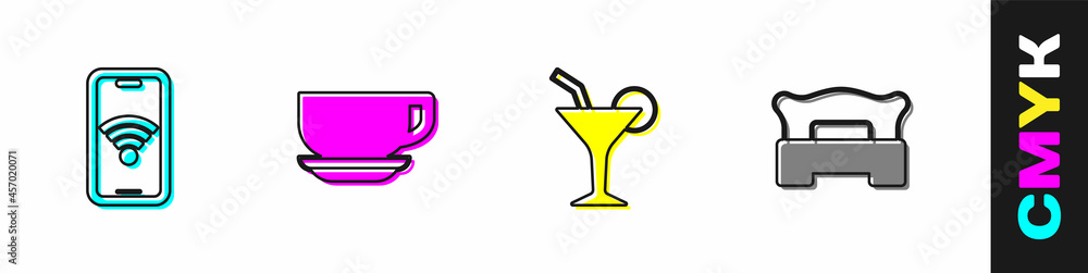 Set Mobile with wi-fi wireless, Coffee cup, Cocktail and Bedroom icon. Vector