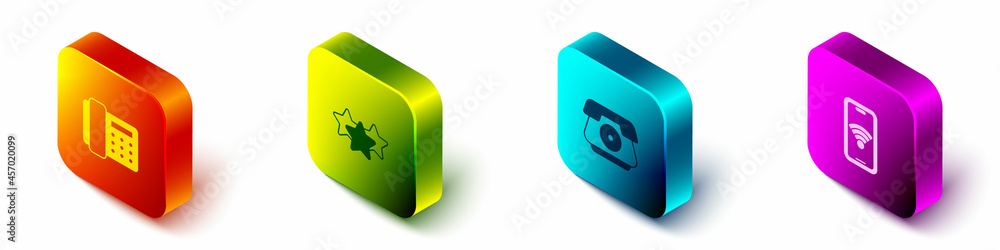 Set Isometric Telephone handset, Stars rating, and Mobile with wi-fi wireless icon. Vector