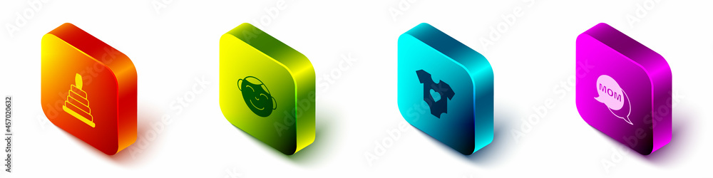 Set Isometric Pyramid toy, Little boy head, Baby clothes and Speech bubble mom icon. Vector