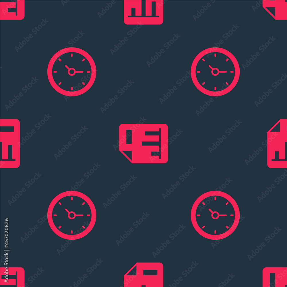 Set Clock and Document with graph chart on seamless pattern. Vector