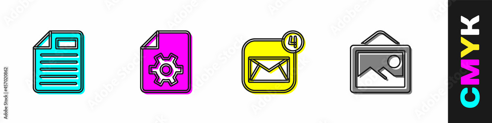 Set File document, Document settings, Envelope and Picture landscape icon. Vector