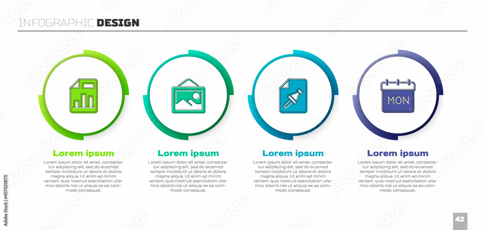 Set Document with graph chart, Picture landscape, Note paper push button and Calendar. Business info