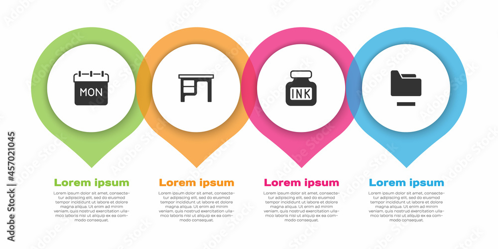 设置日历、办公桌、墨水笔和文档文件夹。业务信息图模板。矢量