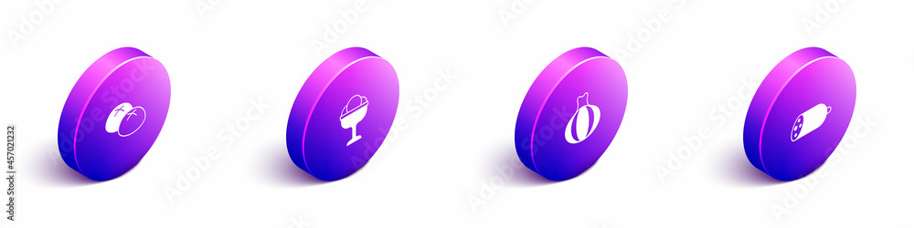 Set Isometric Bread loaf, Ice cream in the bowl, Onion and Salami sausage icon. Vector