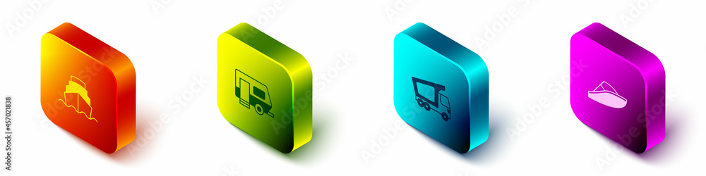 Set Isometric Cruise ship, Rv Camping trailer, Delivery cargo truck and Speedboat icon. Vector