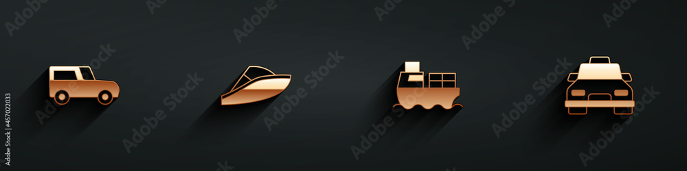 Set Car, Speedboat, Cargo ship with boxes delivery and Taxi car icon with long shadow. Vector