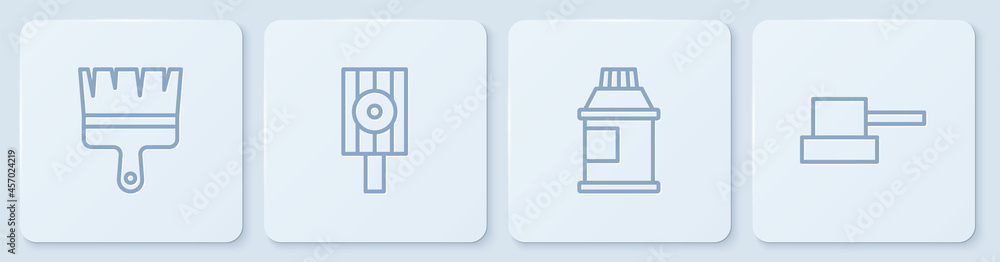 Set line油漆刷，油漆，水粉，罐子，染料，喷雾罐喷嘴盖和白色方形按钮。Vect
