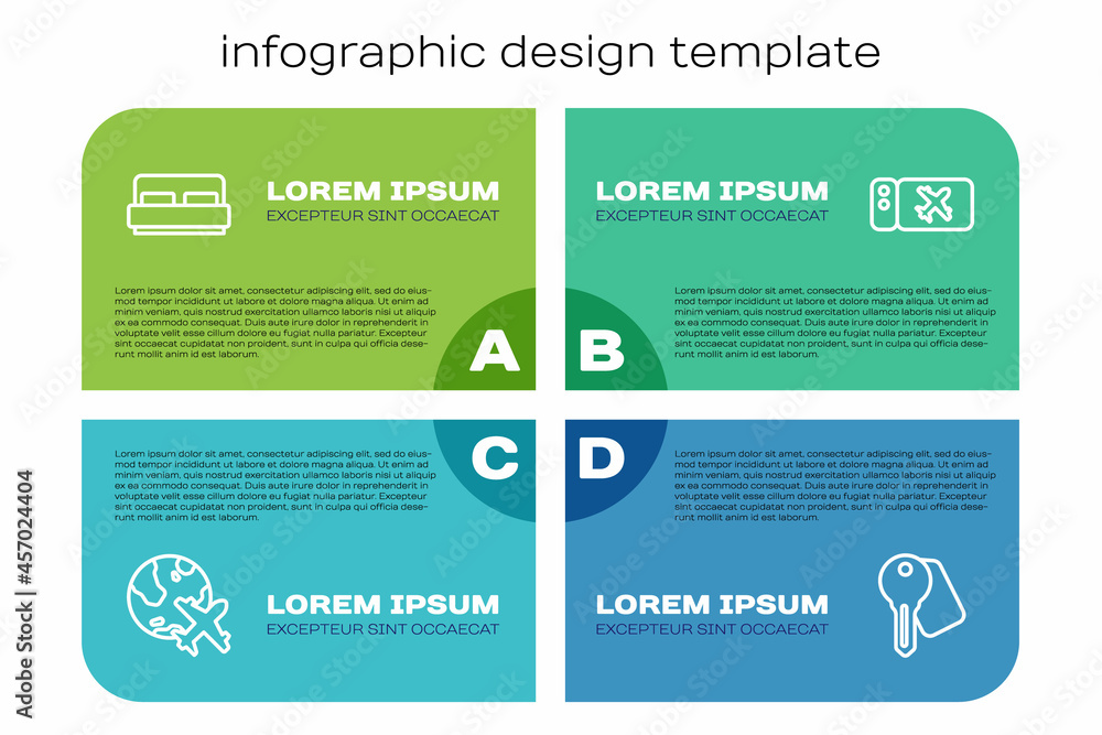 带飞行飞机、酒店客房床、门锁钥匙和机票的全球专线。商务信息图表