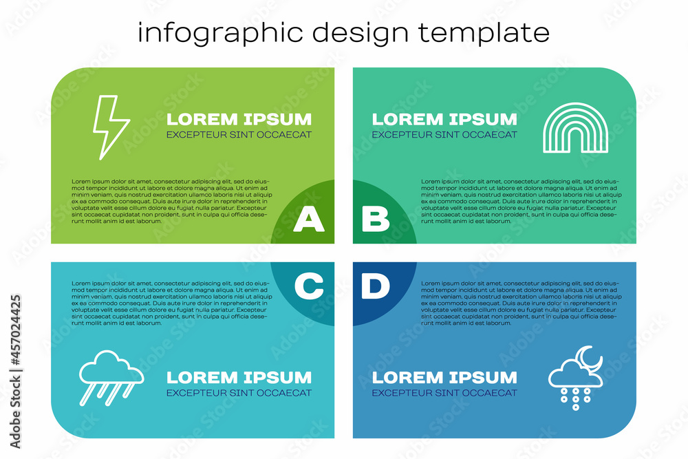 将云与雨、闪电、月亮和彩虹联系起来。商业信息图模板。Vecto