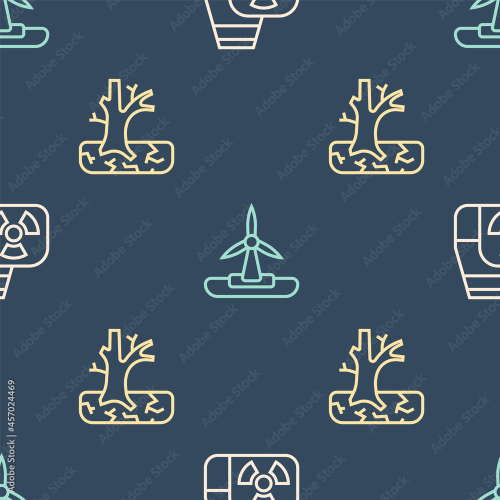 Set line Nuclear power plant, Withered tree and Wind turbine on seamless pattern. Vector