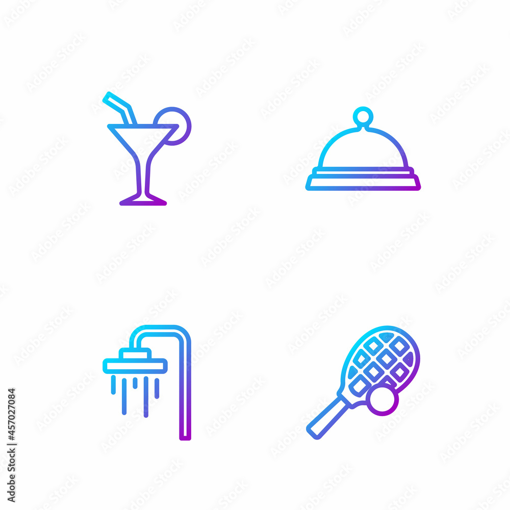 Set line Tennis racket with ball, Shower, Cocktail and Covered tray of food. Gradient color icons. V