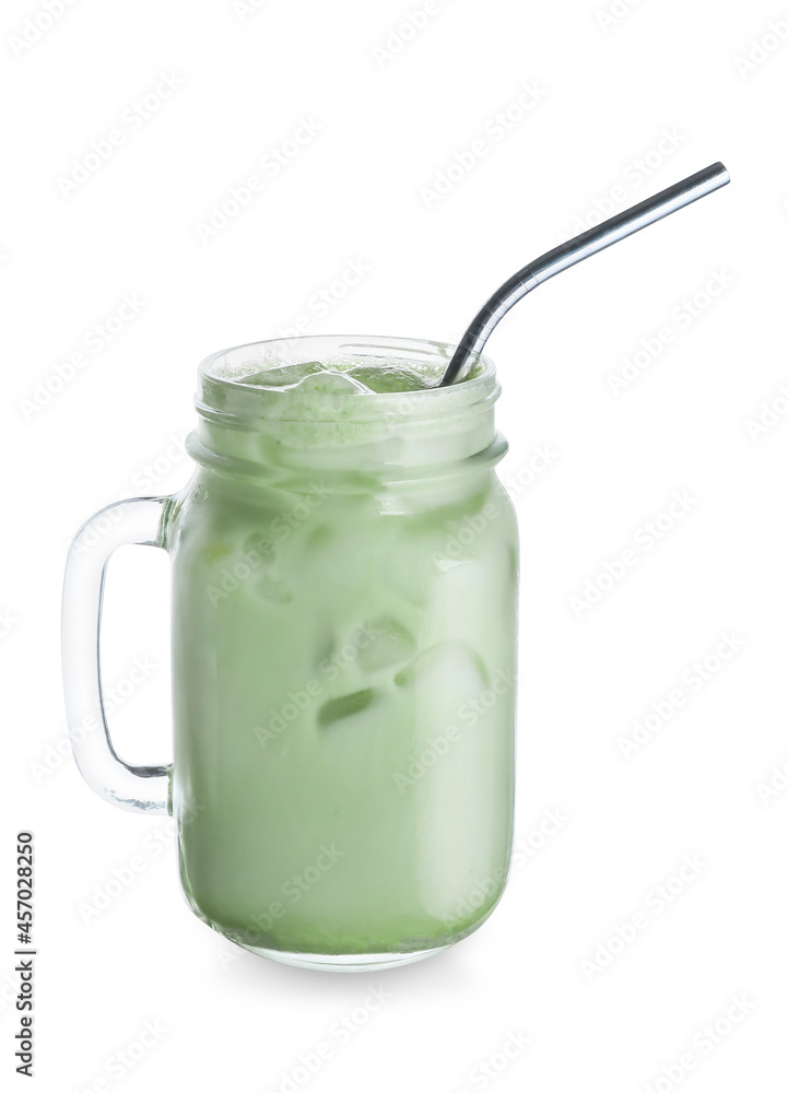 Mason jar of cold green tea on white background