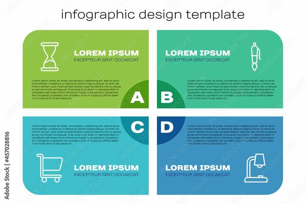 套装购物车、旧沙漏、台灯和喷泉笔尖。商业信息图模板