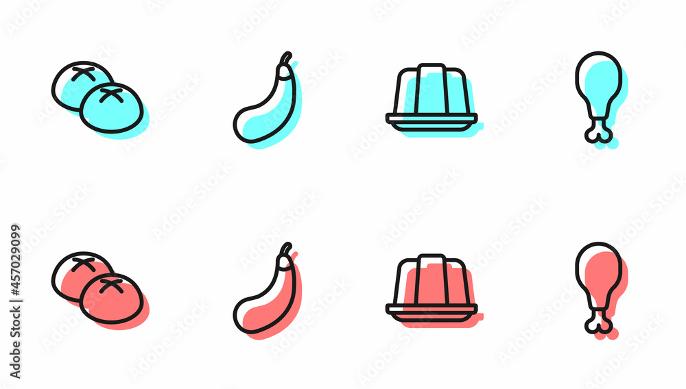 Set line Jelly cake, Bread loaf, Eggplant and Chicken leg icon. Vector