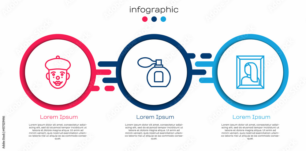 博物馆里的法国哑剧、香水和肖像画。商业信息图模板。矢量