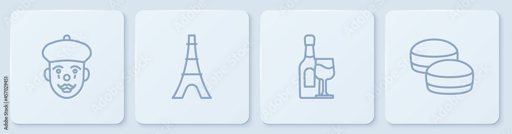 Set line French mime, Wine bottle with glass, Eiffel tower and Macaron cookie. White square button. 