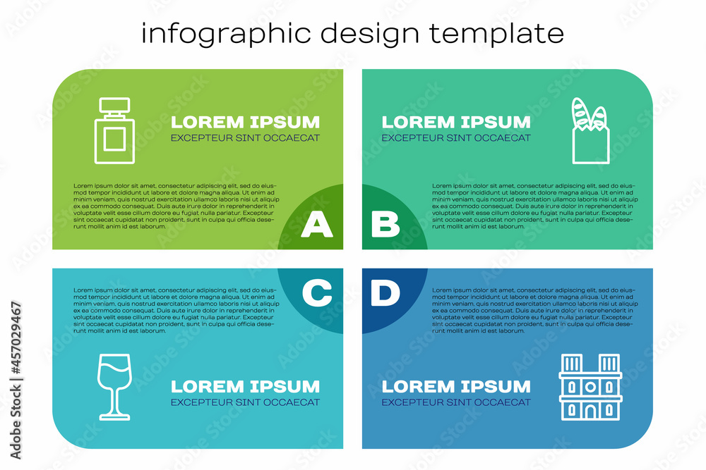 套装酒杯、香水、巴黎圣母院和法国法棍面包。商业信息图te