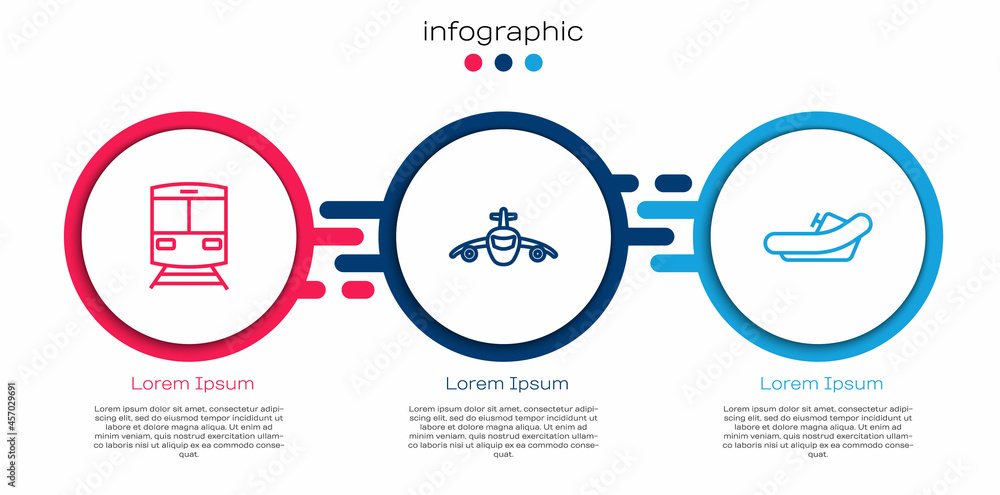 设置线路火车和铁路，飞机和漂流船。商业信息图模板。矢量