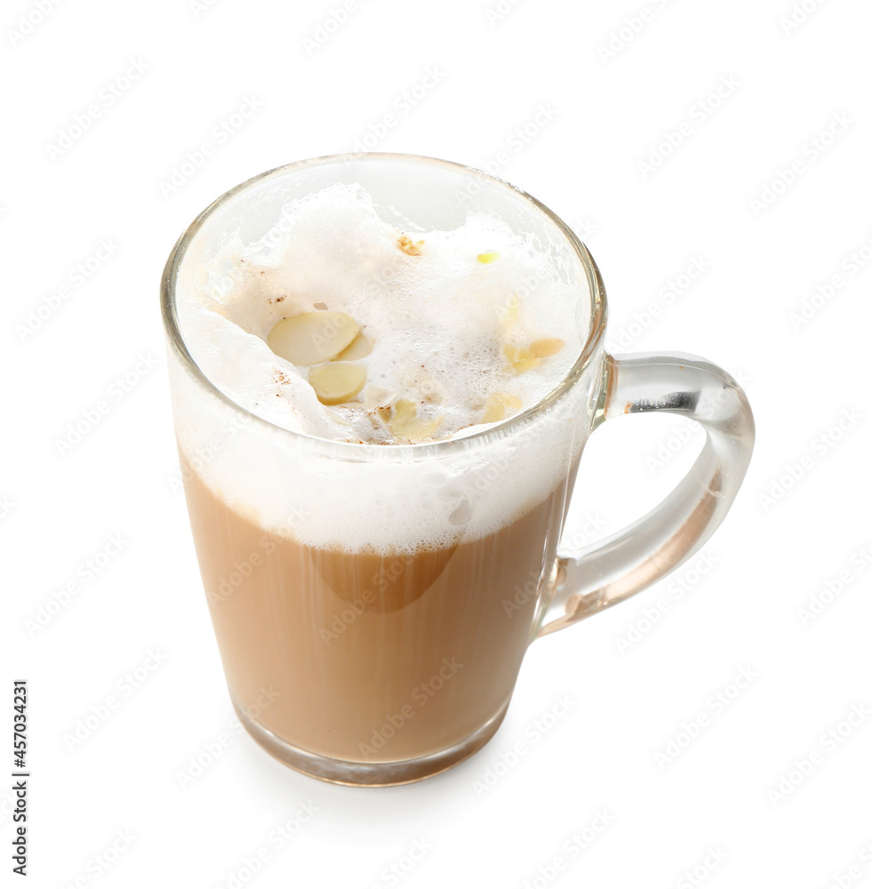 Glass cup of tasty almond latte on white background