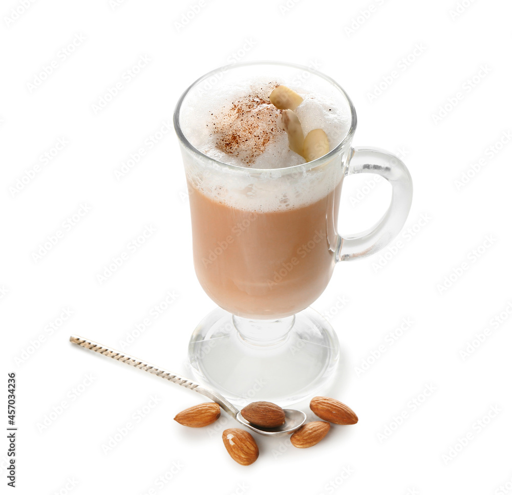 Glass cup of tasty almond latte on white background