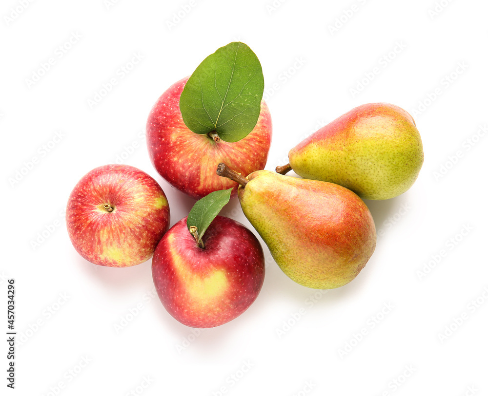 Ripe pears and apples on white background