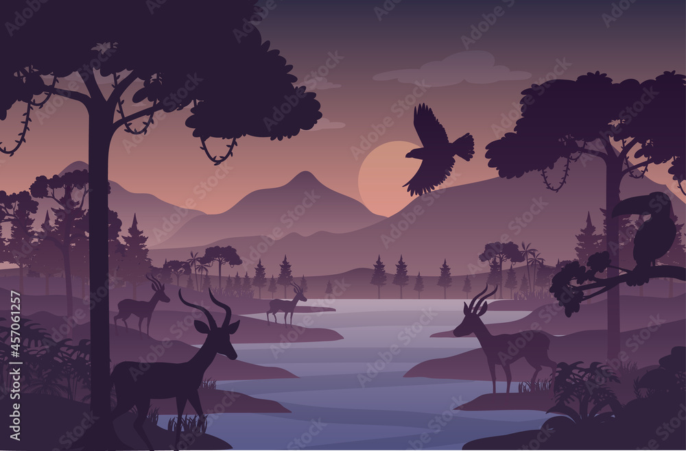 Silhouette twilight forest landscape background