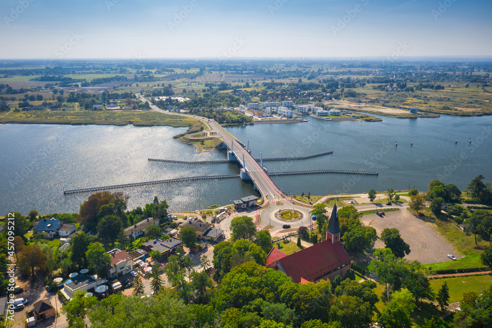 Aerial scenery of the Martwa Wisła river and Sobieszewo Island by the Baltic Sea in Gdansk. Poland