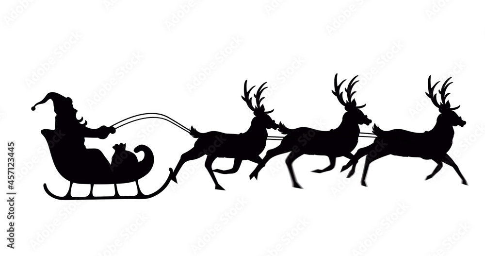 Digital image of black silhouette of santa claus in sleigh being pulled by reindeers