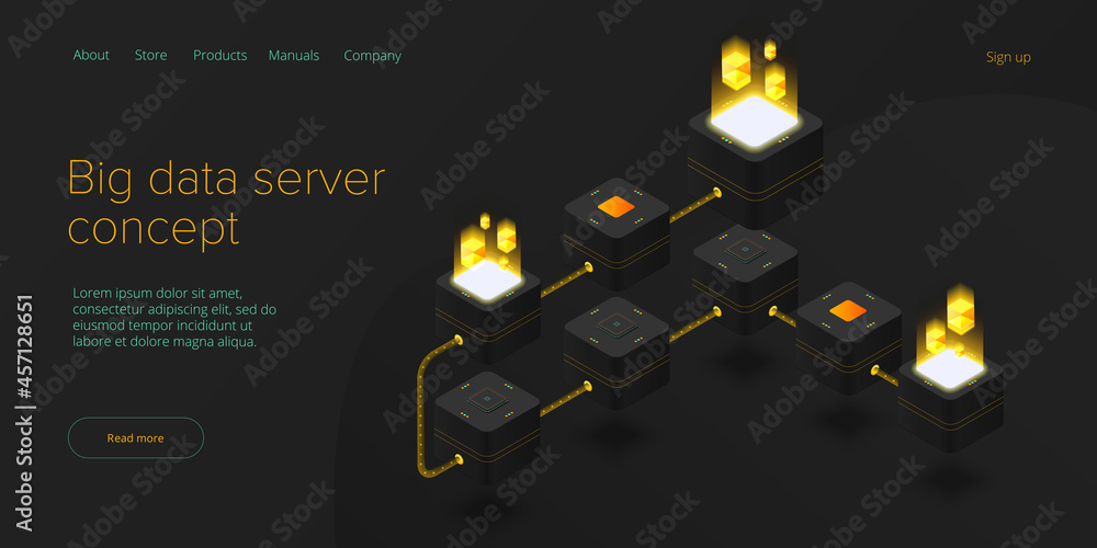 等轴测矢量插图中的大数据技术。信息存储和分析系统。数字