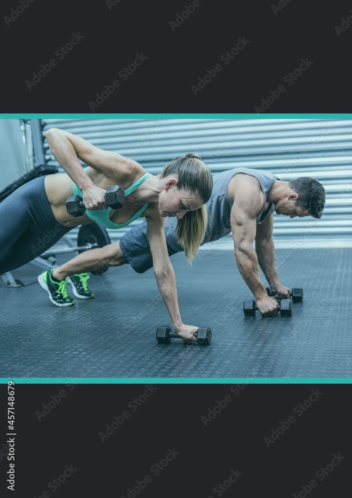 Caucasian fit man and woman working out with dumbells at gym against copy space on grey background