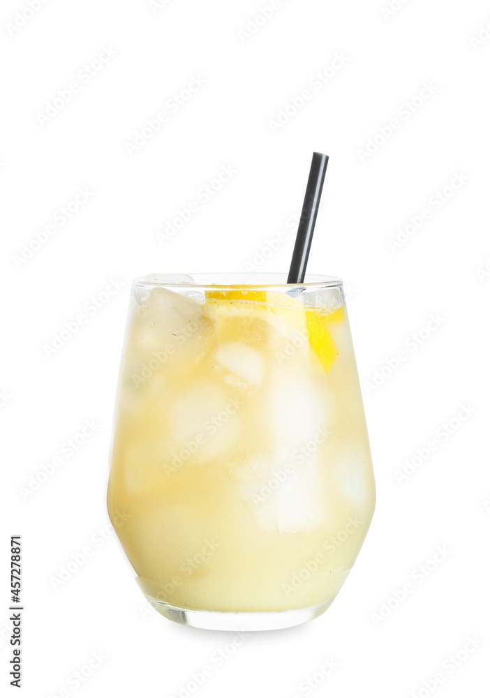 Glass of cold green tea with lemon on white background