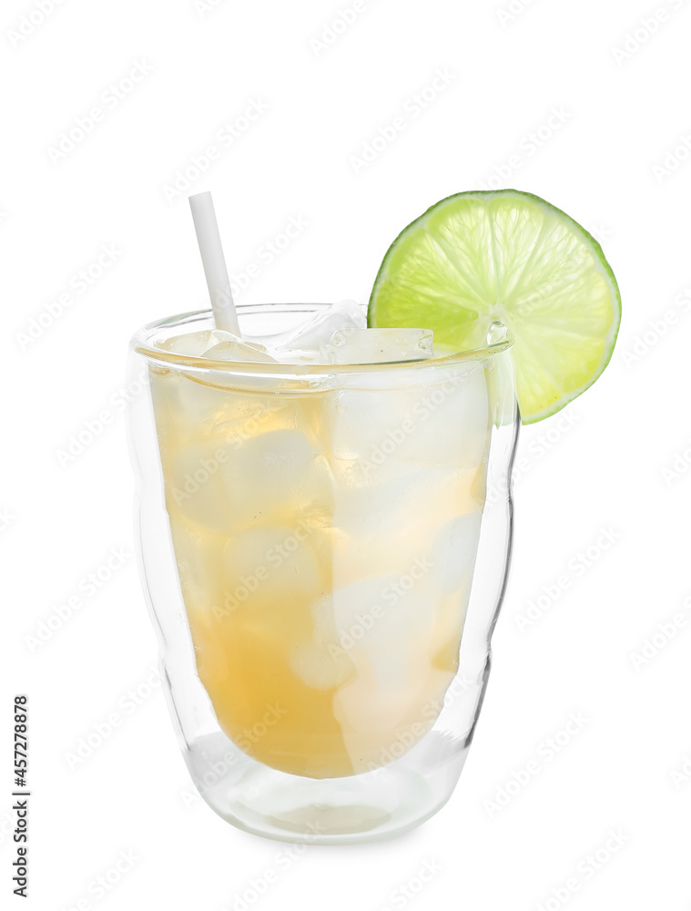 Glass of cold green tea with lime on white background