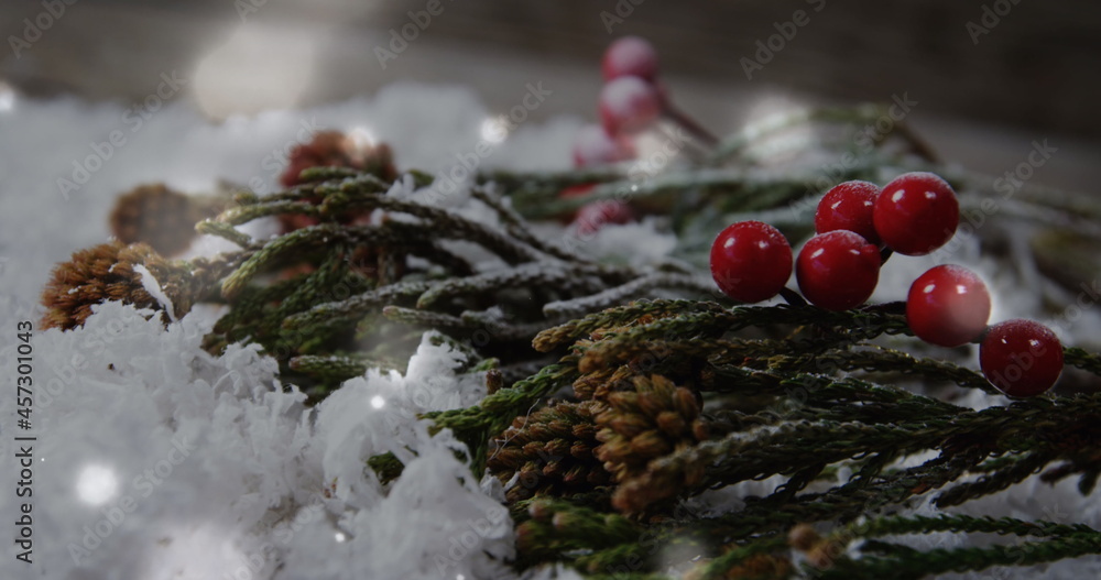 樱桃飘落在雪地上的圣诞树