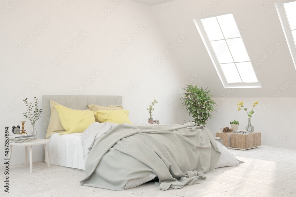 Soft color bedroom interior. Scandinavian design. 3D illustration