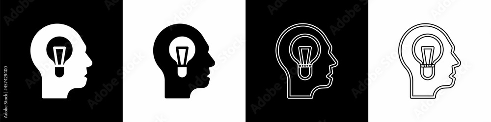 Set Human with lamp bulb icon isolated on black and white background. Concept of idea. Vector