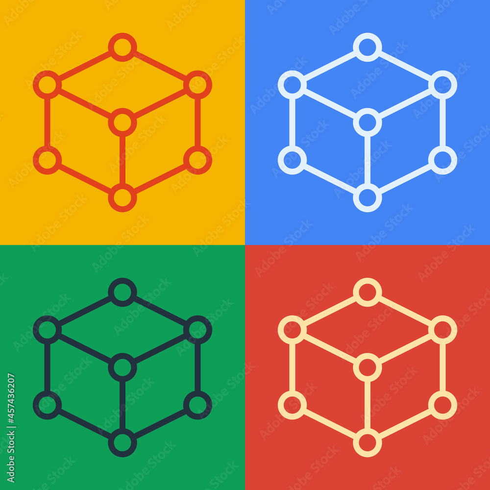 Pop art line Isometric cube icon isolated on color background. Geometric cubes solid icon. 3D square