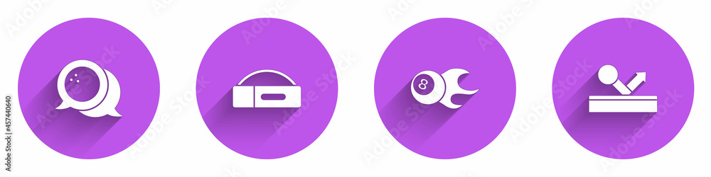 设置保龄球、台球球杆、台球和长阴影图标。矢量