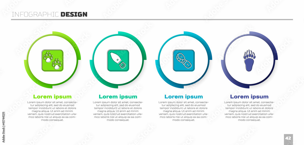 Set Paw print, Human footprints shoes, and Bear paw. Business infographic template. Vector